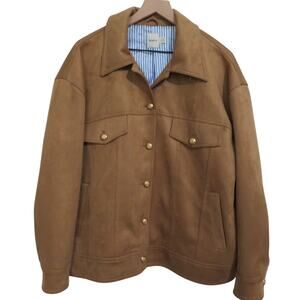 Maeve Womens Sz L Camel Tan Faux Suede Trucker Jacket Button Front Gold Details